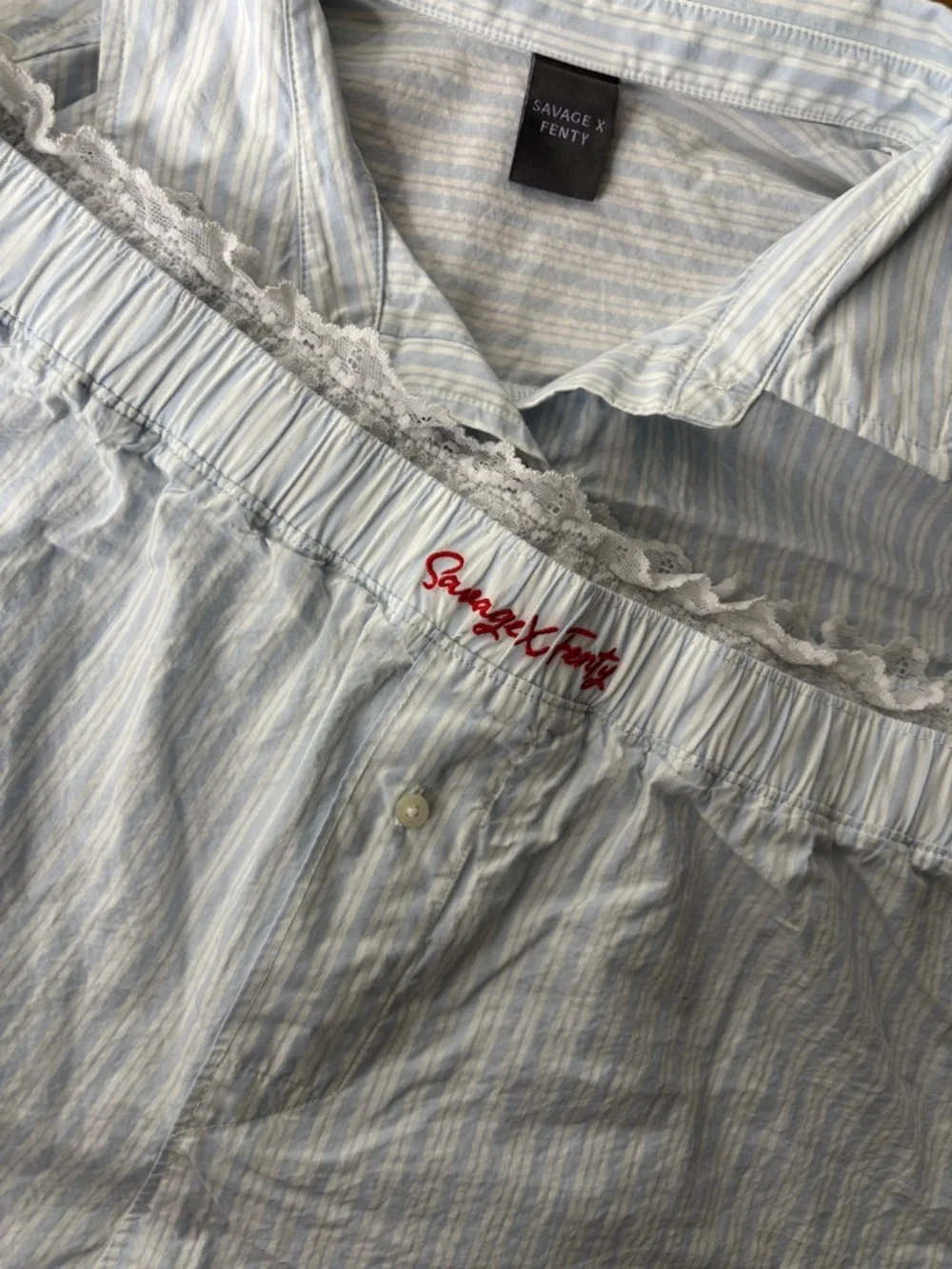 Savage X Fenty | Blue Stripe Pajama Set | Lace Trim Button Top & Shorts | Size M